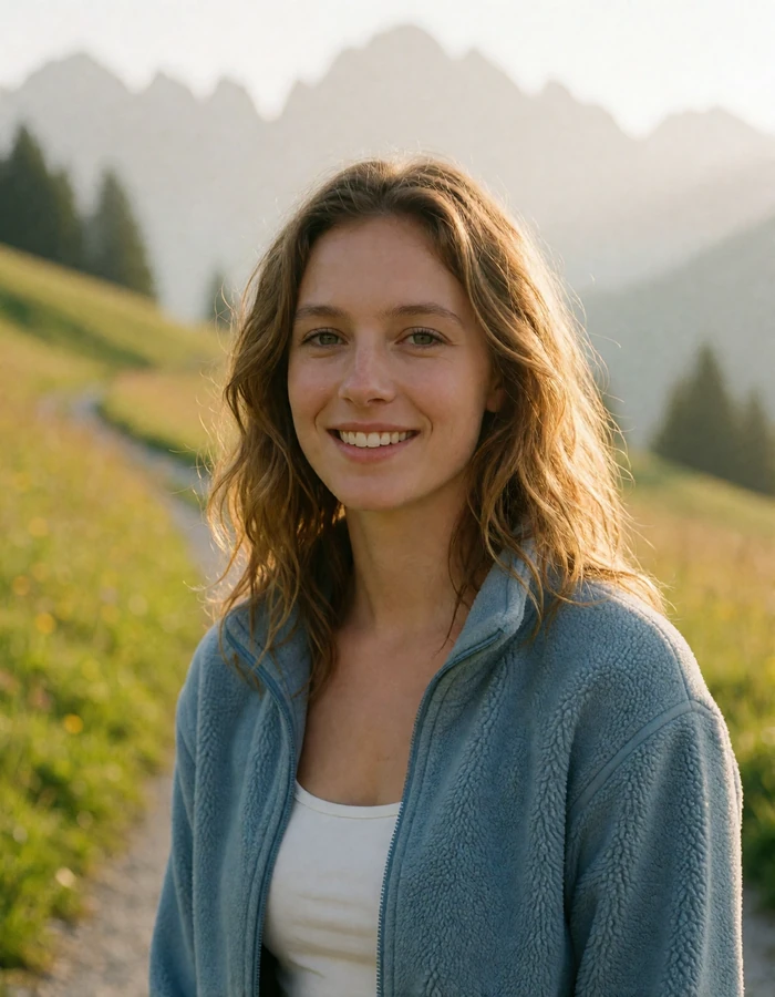 Verified Andorran member with wavy light-brown hair on an open alpine meadow trail with hazy peaks behind her