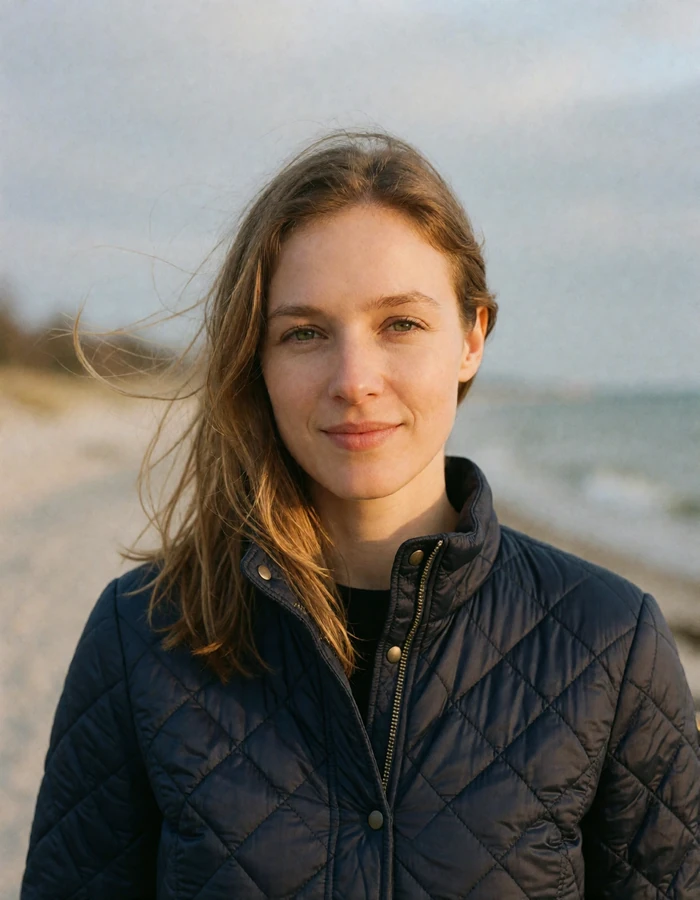 Verified Estonian member with light brown hair and a navy quilted jacket on a windswept Baltic seaside promenade