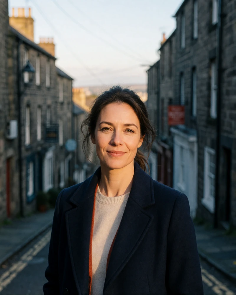 Verified British member from Edinburgh with dark brown hair, photographed on an old-town street of stone tenements