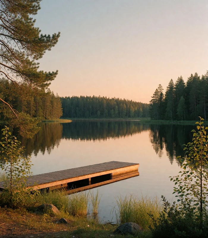 Still Finnish lake ringed by dense spruce forest with a wooden jetty at dusk