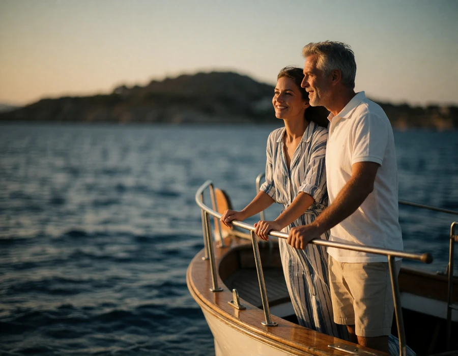 Couple in their fifties standing at the rail of a small wooden boat crossing calm Aegean water in late afternoon light