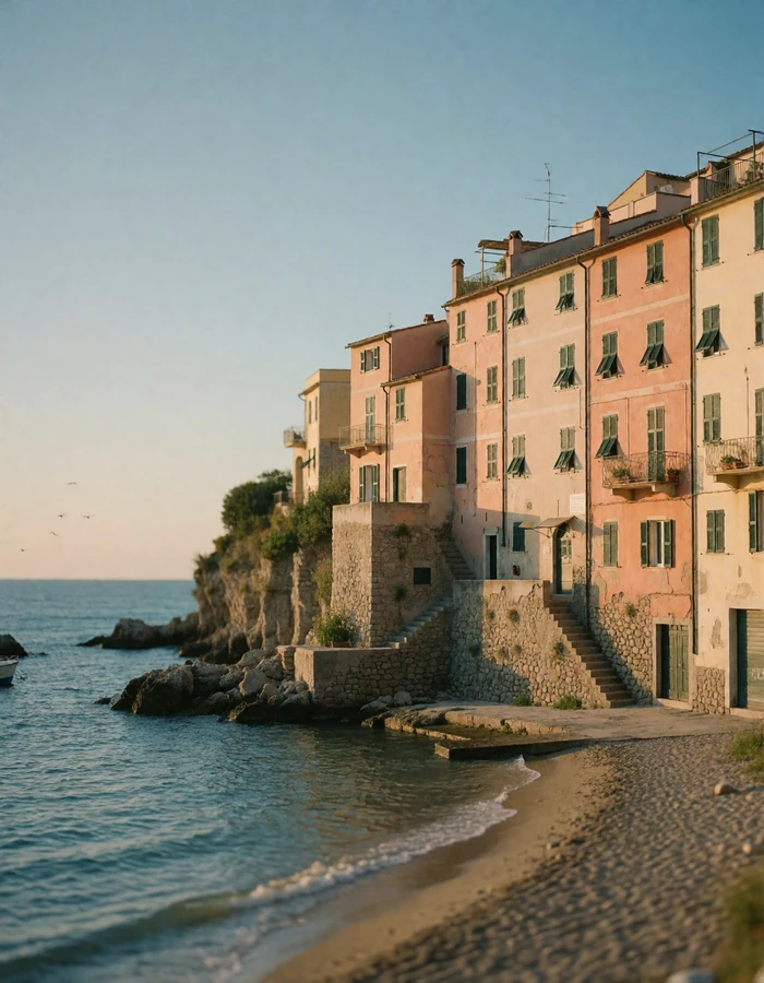 Italian coastal town with pastel facades stacked on cliffs above a small harbour