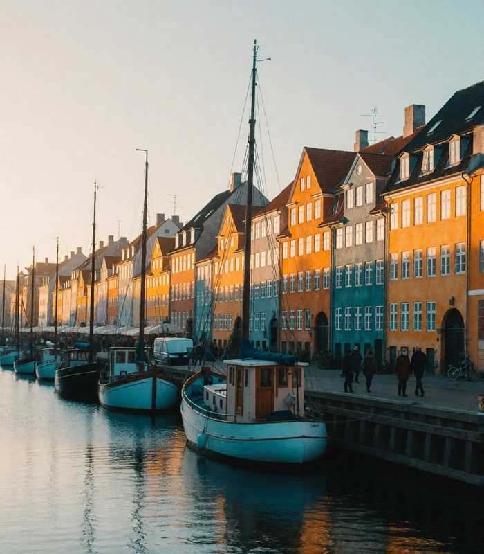 Copenhagen canal in Denmark lined with ochre and teal townhouses and moored wooden boats