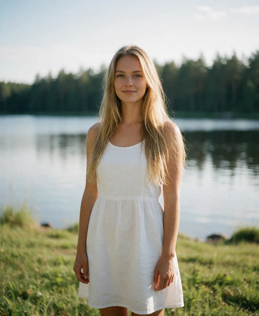Verified Finnish member with long straight blonde hair standing on a grassy lake shore in bright summer light