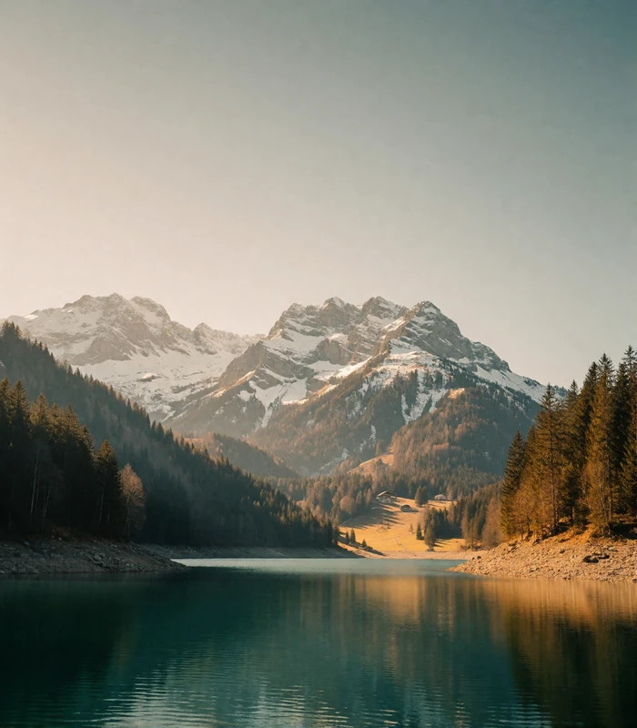A calm Swiss alpine lake with snow-touched peaks and forested slopes rising behind it