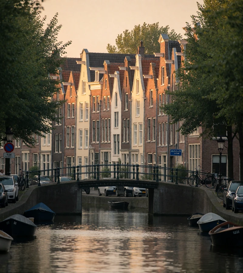 Row of narrow brick canal houses with varied gables along a still waterway crossed by a low arched bridge