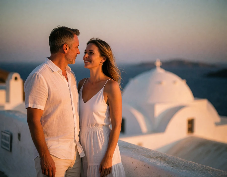 Couple in their forties standing together on a whitewashed island terrace at sunset with domed rooftops and glowing sea behind them