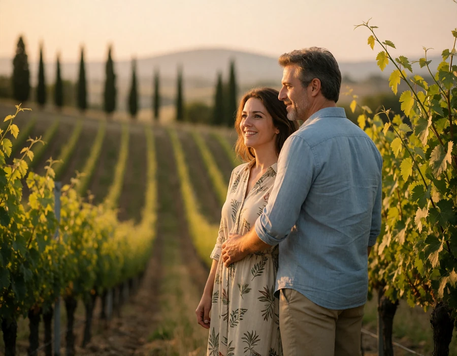 Couple in their late thirties standing at the edge of a Tuscan vineyard in late afternoon light