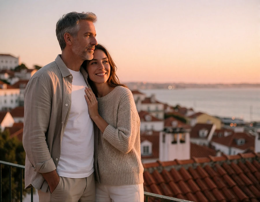 Couple in their forties standing close together at a Lisbon hilltop viewpoint at sunset with tiled rooftops below