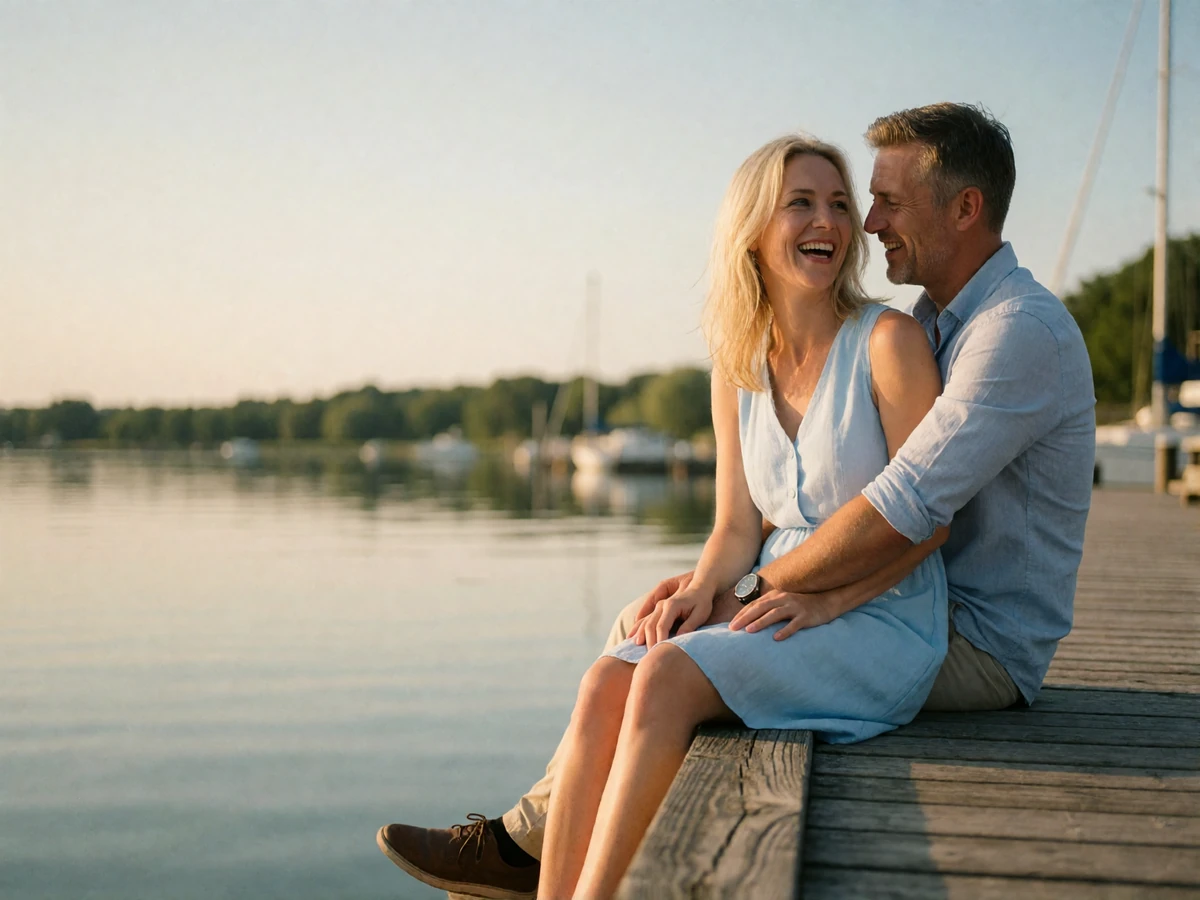 Couple in their forties sitting close on a wooden quay edge laughing together at a bright summer evening in Sweden