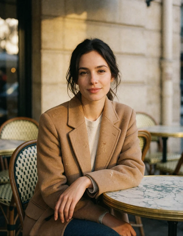 French woman in a camel coat seated at an outdoor Parisian cafe terrace
