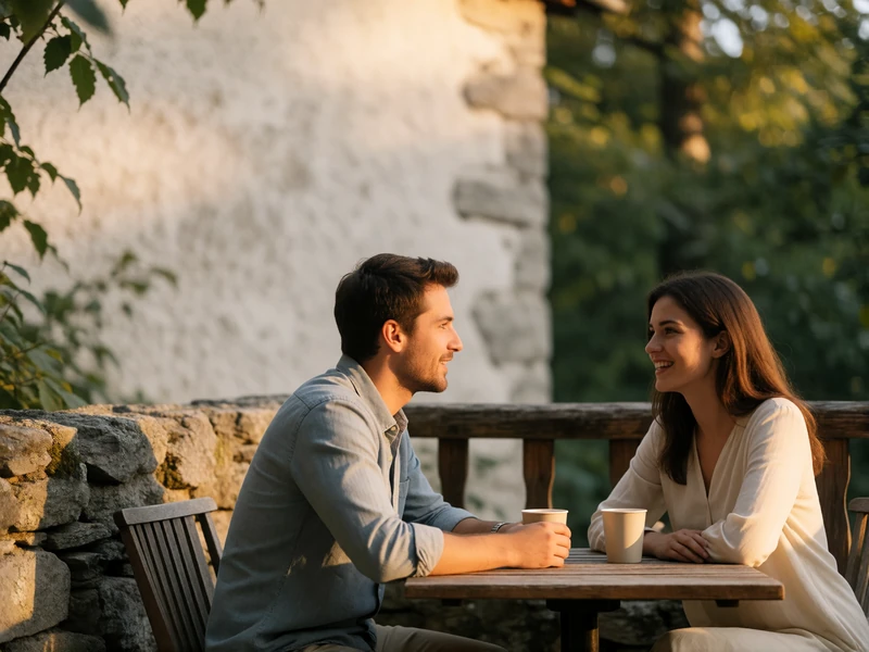 Couple sitting at a small outdoor table on a stone village terrace with plain cups between them