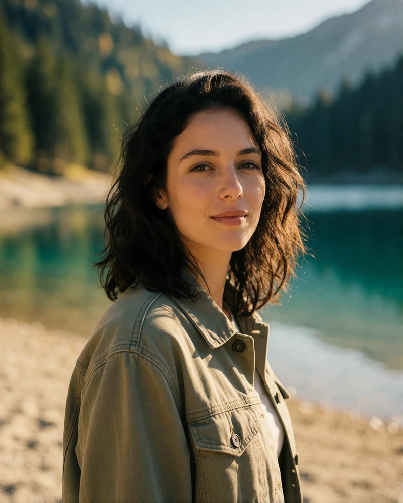 Verified Austrian member with dark wavy hair standing beside an alpine lake in a light olive jacket
