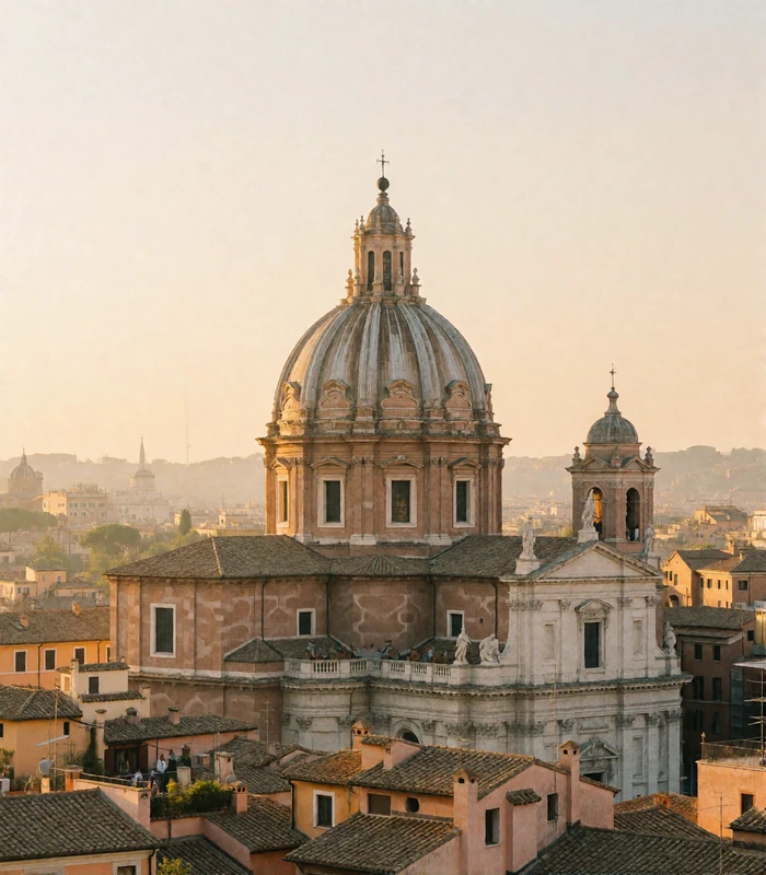 A great Roman basilica dome and surrounding classical rooftops seen above soft haze at golden hour