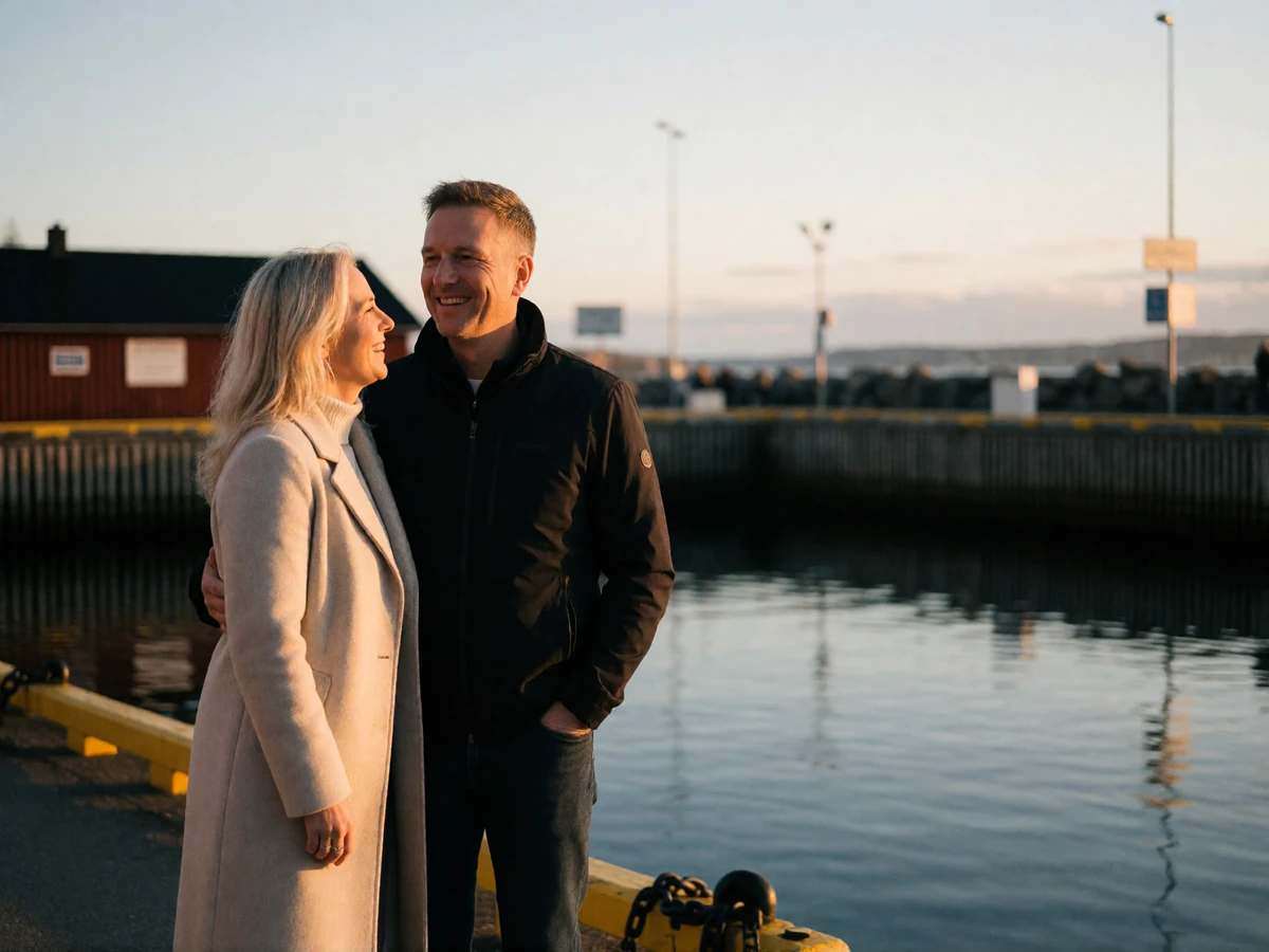 Couple in their forties standing close together on a Norwegian waterfront promenade at low golden-hour light