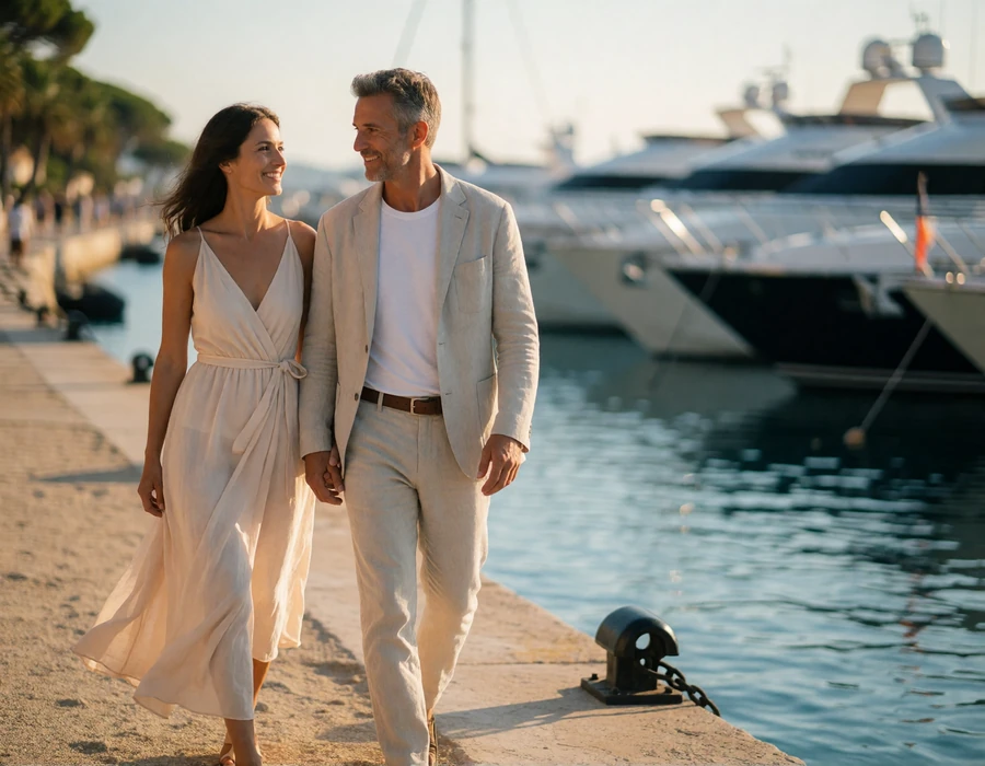 Couple in their forties walking together along a Riviera harbour promenade with moored yachts blurred behind them