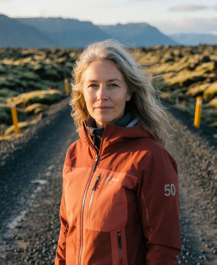 Verified Icelandic member with wind-swept ash-blonde hair in a rust technical jacket, photographed beside a highland gravel track