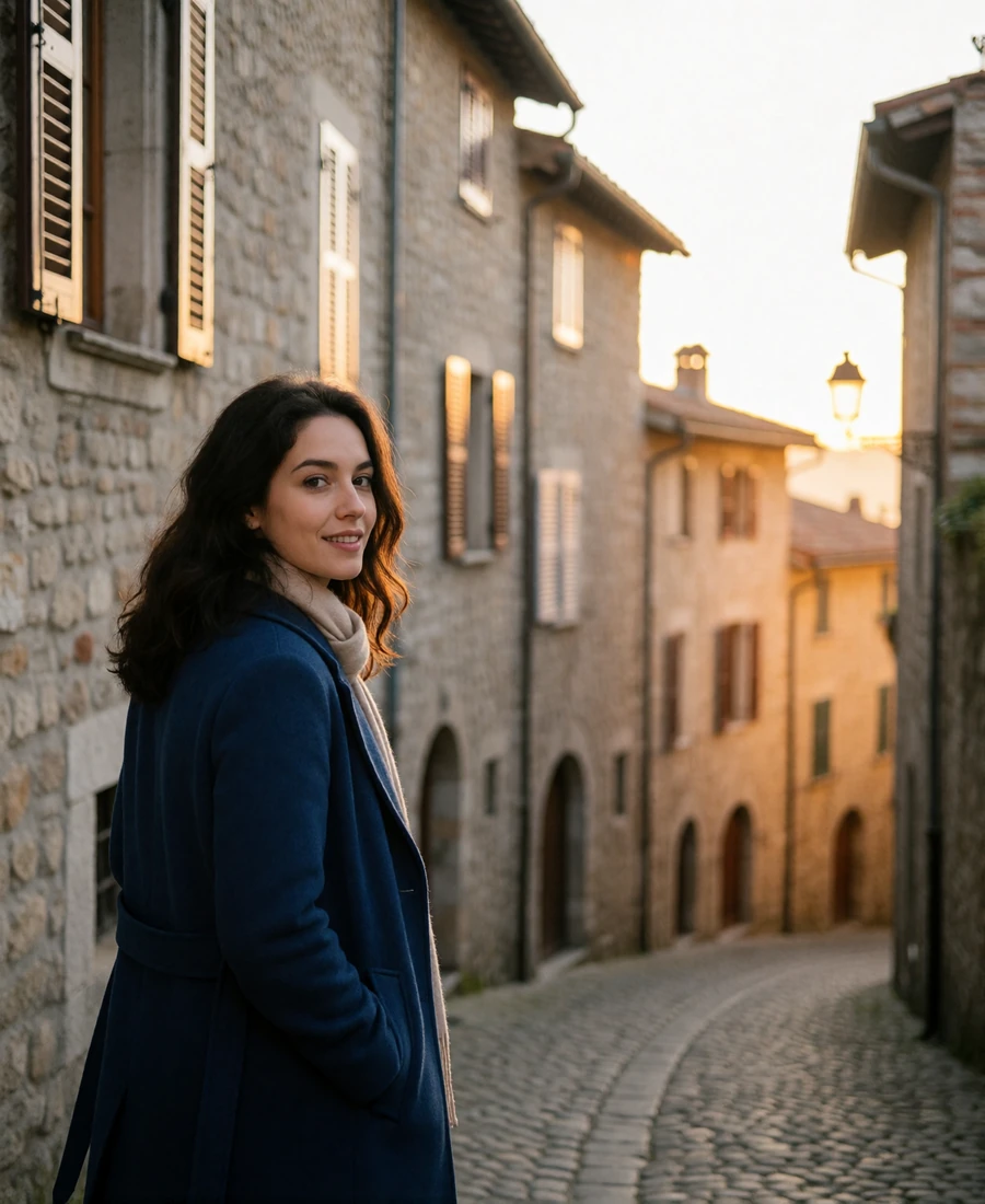 San Marinese woman in a deep blue coat walking up a narrow medieval stone street and glancing back with a soft smile