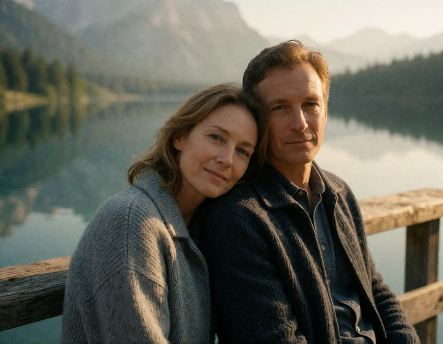 Couple in their forties standing at a wooden lakeside railing with an alpine lake and mountains behind them
