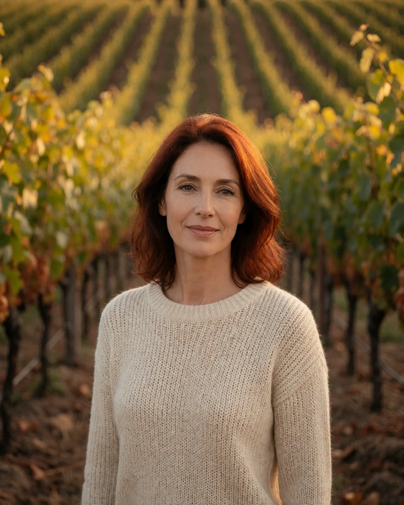 Verified French member from Bordeaux with auburn hair in a knit sweater standing between rows of vines at golden hour