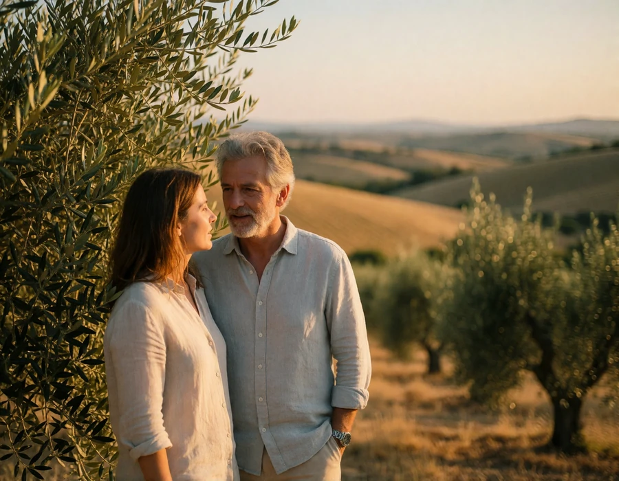 Couple in their fifties standing beside an olive grove in the Spanish countryside in late afternoon light
