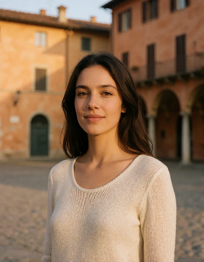 Smiling dark-haired Italian woman in an ivory knit top standing in a sunlit plaza